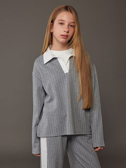 Polo Yaka ?izgili K?z ?ocuk Sweatshirt ve Tayt
