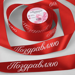 Лента атласная новогодняя Поздравляю, 40 мм, 231 м, красная