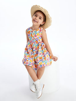 Bisiklet Yaka ?i?ekli Poplin K?z Bebek Elbise