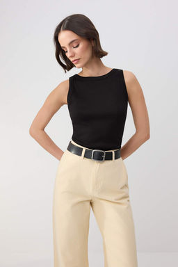 Wardrobe Essentials-Siyah Fitted/Vucuda Oturan Kolsuz Pamuk Ribana Orme Atlet TWOSS26AL00043