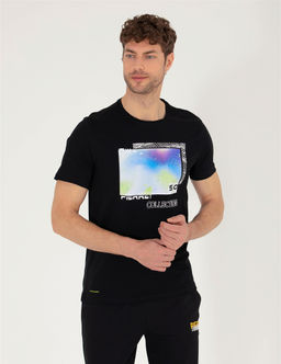 Siyah Slim Fit Bask_l_ Bisiklet Yaka Ti__rt