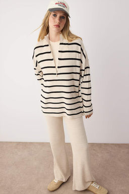 Ekru*001 Genis Kal?p Fermuarl? Cizgili Basic Triko Alt-Ust Tak?m TWOSS24AU00078