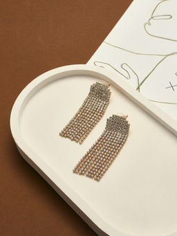 Серьги висячие со стразами Водопад мягкий квадрат, белые в золоте