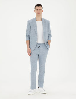A__k Mavi Slim Fit Keten Kar___ml_ _izgili Tak_m Elbise