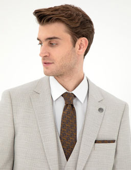 Bej Ex. Slim Fit Yelekli Tak_m Elbise