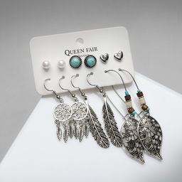 Набор серег QF «Хиппи», 6 пар, ловец снов, цветные в чернёном серебре