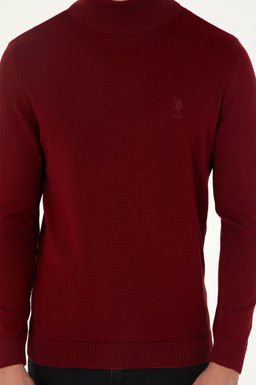 Erkek Slim Fit Yar_m Bo_azl_ Bordo Basic Kazak