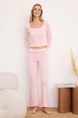 Ac?k Pembe Bel Detayl? H?rka Fitilli/Pointel Orme Pijama Tak?m? THMSS26PT00019 - Trendyolmilla фото 2