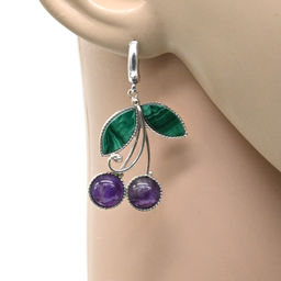Серьги из малахита и аметиста "Вишенки" 24*34мм.