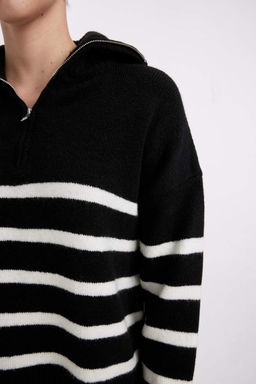 Женский вязаный свитер оверсайз с широким узором в полоску и половиной молнии с высоким воротником - Defacto фото 4