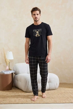 Siyah Regular/Normal Kesim Ekose/Kareli Pamuklu Orme Pijama Tak?m? TMNSS26PT00048