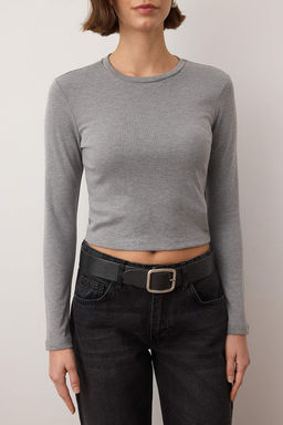 Gri Melanj Premium Viskon Bisiklet Yaka Crop Esnek Orme Bluz TWOAW24BZ00116