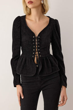 EXCLUSIVE Siyah Kadife Dar Kal?p Kus Gozu Detayl? Peplum Dokuma Bluz TWOAW26BZ00264 - Trendyolmilla фото 4