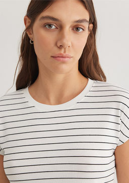 Beyaz Cizgili Basic Tisort - Mavi фото 5