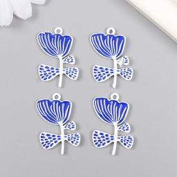 Цена за 4 шт. Декор для творчества металл, эмаль Бело-синий цветок, 2.2?3 см