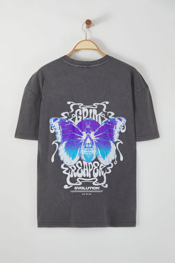 Trendyolmilla Man Antrasit Unisex Oversize/Genis Kesim Soluk Efekt Kelebek Bask?l? %100 Pamuk T-Shirt TMNSS25TS00013  фото 8