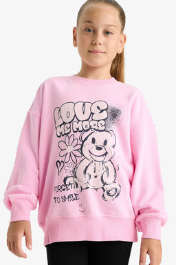 Oversize Geni_ Kal_p Bisiklet Yaka Bask_l_ Sweatshirt K_z _ocuk
