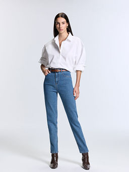 Beli Kemerli Mom Fit Kad?n Jean Pantolon