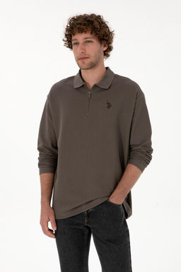 Erkek Comfort Fit Yar_m Fermuarl_ Vizon Sweatshirt