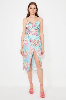 TRENDYOLMILLA Cok Renkli Cicek Bask?l? Dokuma Saten S?k Abiye Elbise TPRSS21EL3753 фото 2