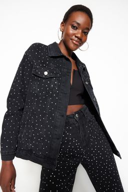 Siyah Tasl? Oversize Denim Ceket TWOSS23CE00044 - Trendyolmilla фото 2