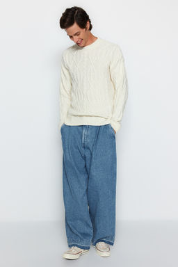 TRENDYOL MAN Ekru Unisex Oversize Fit Genis Kal?p Sac Orgu Bisiklet Yaka Yumusak Triko Kazak TMNAW24KZ00003 - Trendyolmilla фото 14