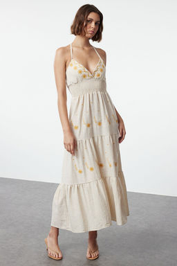 Tas Belden Ac?lan Cicek Nak?sl? Gipeli Midi Dokuma Elbise TWOSS24EL01116