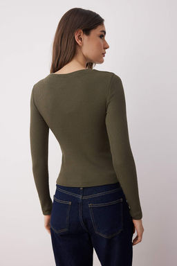 Gri Melanj Kontrast Biye Detayl? Bisiklet Yaka Fitilli Esnek Orme Bluz TWOAW26BZ00067 - Trendyolmilla фото 4