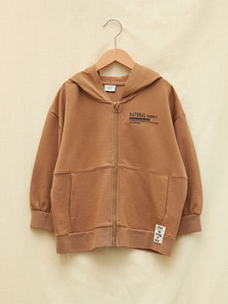 Kap??onlu Bask?l? Uzun Kollu Erkek ?ocuk Fermuarl? Sweatshirt