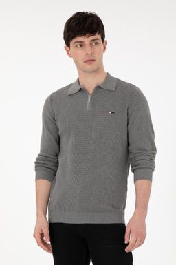 Erkek Regular Fit Yar_m Fermuarl_ Gri Melanj Basic Kazak