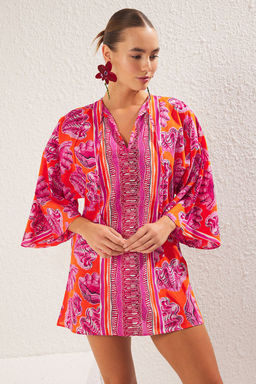 Su Alt? Desenli Dokuma %100 Pamuk Plaj Mini Elbise TBESS25EL00007