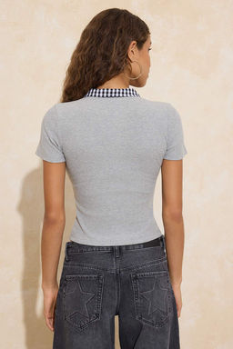 Gri Melanj Fitted/Vucuda Oturan Polo Yaka Dokuma Detayl? Fitilli Esnek Orme Bluz TWOSS26BZ00096 - Trendyolmilla фото 4