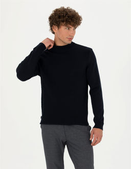 Lacivert Slim Fit Yar_m Bal_k__ Yaka Triko Kazak
