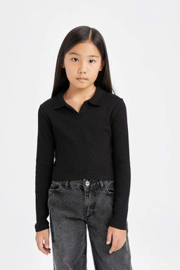 Укороченная футболка с воротником-поло для девочек, базовая футболка в рубчик с длинными рукавами - Defacto фото 3