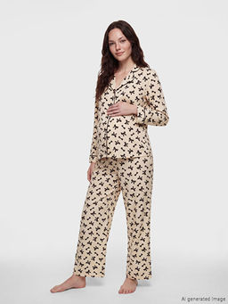 G?mlek Yaka Fiyonk Bask?l? Hamile Pijama Tak?m?