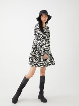 Bisiklet Yaka Desenli Uzun Kollu Elbise