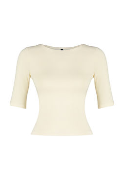 Tas Fitted/Vucuda Oturan Kay?k Yaka K?sa Kollu Pamuklu Esnek Orme Bluz TWOSS24BZ00076