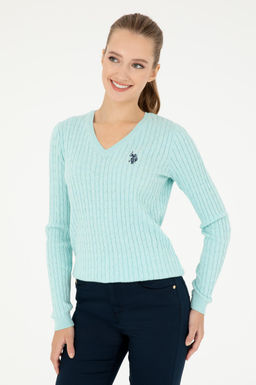 Женский базовый свитер водно-зеленого цвета с v-образным вырезом Неожиданная скидка в корзине