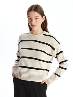 Bisiklet Yaka ?izgili Uzun Kollu Kad?n Triko Kazak