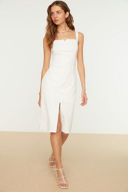 Ekru Vucudu Saran Y?rtmacl? Ask?l? Astarl? Midi Kalem Etek Dokuma Elbise TWOSS19BB0216 - Trendyolmilla фото 2