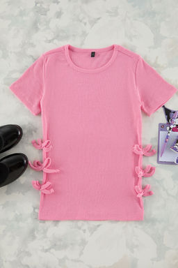 Sar? K?z Cocuk Pamuklu Regular Kal?p Fiyonk Detayl? K?sa Kol Orme T-Shirt TKDSS25TS00048 - Trendyolmilla фото 7