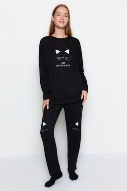 Trendyolmilla Siyah-Beyaz %100 Pamuklu Bask?l? Orme Pijama Tak?m? THMAW22PT0611  фото 3