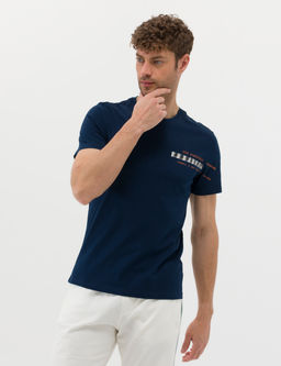 Lacivert Slim Fit Bask_l_ Bisiklet Yaka Ti__rt