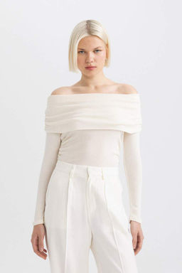 Облегающая повседневная футболка с открытыми плечами в рубчик с длинными рукавами - Defacto фото 3