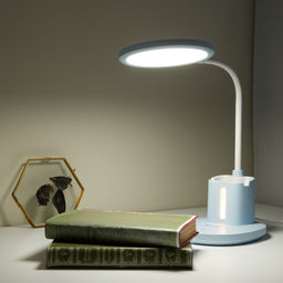 ULM-D150 15W/3000-6500K/DIM BLUE Светильник настольный светодиодный с подставкой под телефон и канцелярские принадлежности. С ночной подсветкой. Сенсорный выключатель. Диммер. Голубой. TM Uniel