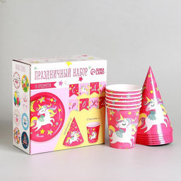 Посуда одноразовая бумажная для праздника «С днём рождения. Единорожек», набор, 6 тарелок, 6 стаканов, 6 колпаков, гирлянда