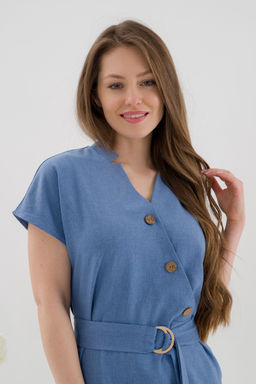 Полуприлегающее летнее платье с пуговицами и поясом джинсовый