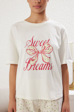 Trendyolmilla Ekru %100 Pamuklu Cicekli Kurdele/Fiyonk Bask?l? Sortlu Orme Pijama Tak?m? THMSS25PT00175 фото 3