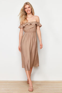 Vizon Duz Kesim Carmen Yaka Keten Gorunumlu Maxi Dokuma Elbise TWOSS24EL00691 - Trendyolmilla фото 2