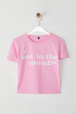 Pembe Fitted/Vucuda Oturan Slogan Bask?l? Fiyonklu Orme T-Shirt TWOSS25TS00082